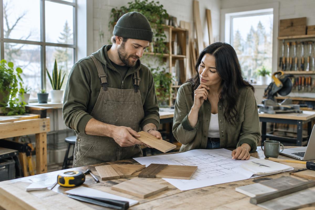 Illustrative renovation workshop with two people reviewing project plans