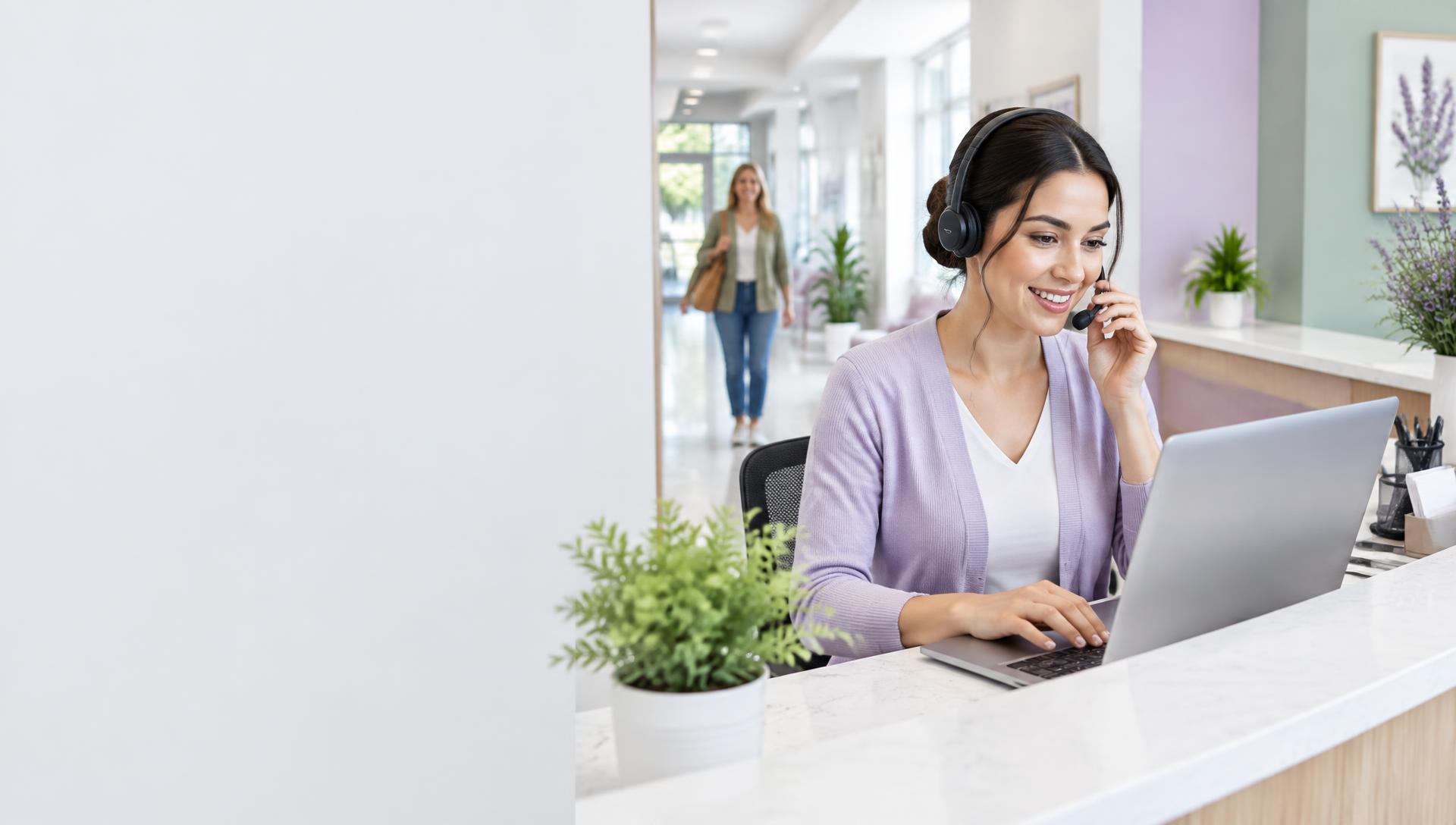 Illustrative clinic receptionist handling an appointment inquiry through administrative channels