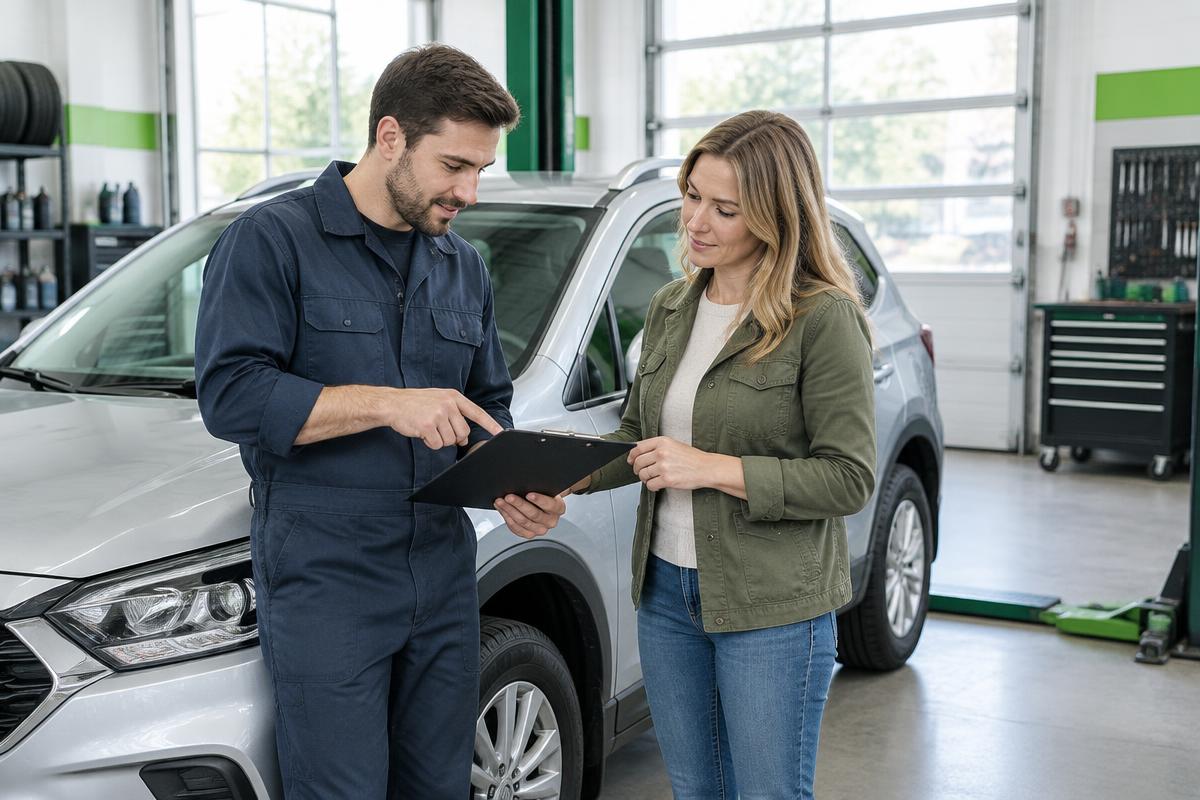 Illustrative mechanic and customer reviewing a service checklist beside a car
