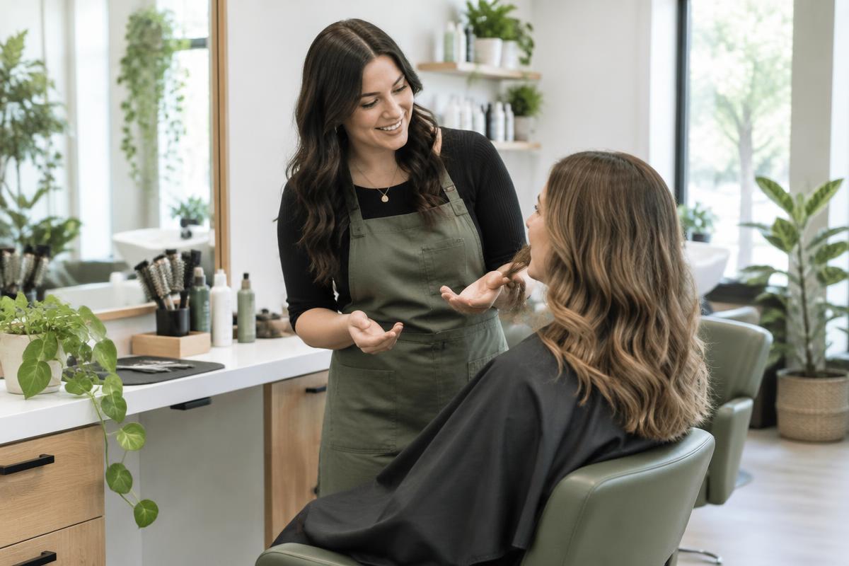 Illustrative hairstylist consulting with a client in a salon