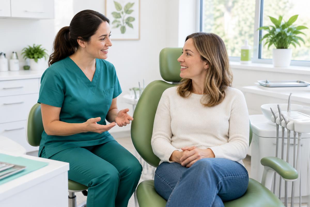 Illustrative dental professional discussing care with a patient in a bright clinic