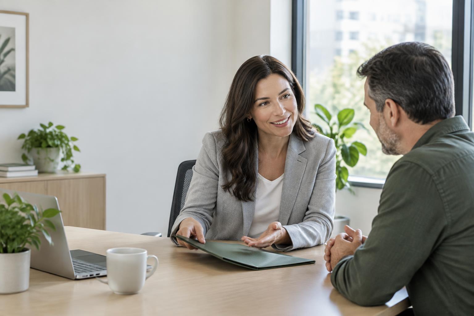 Illustrative insurance adviser discussing services with a business owner
