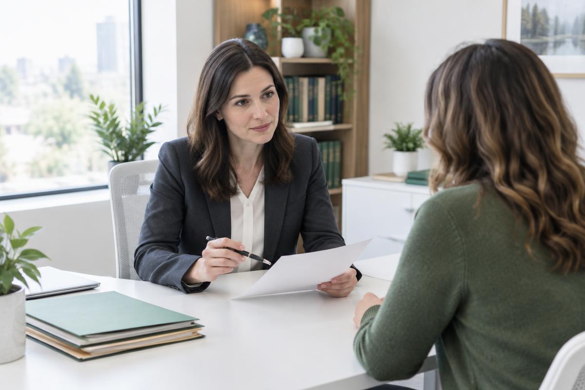 Illustrative lawyer discussing documents with a client in a law office