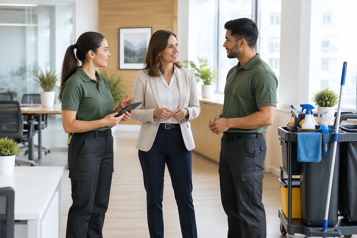 Illustrative commercial cleaning team reviewing an office with a business client