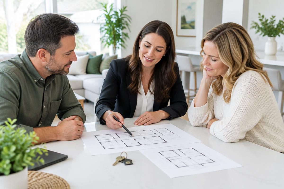 Illustrative property adviser reviewing floorplans with prospective clients