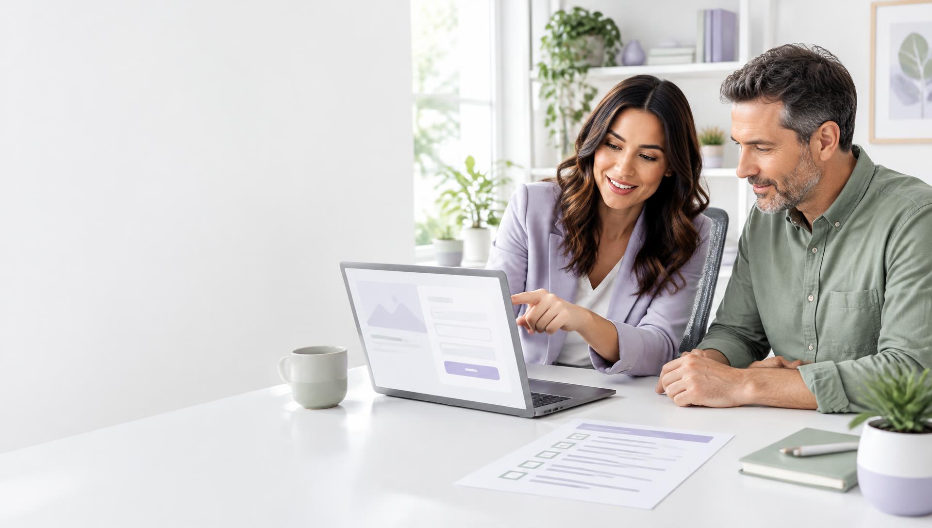 Illustrative business owner and specialist reviewing a website inquiry form and launch checklist