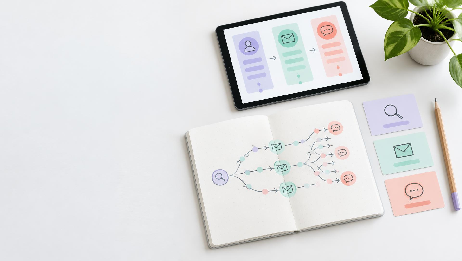 Illustrative guide showing search, email and conversation stages in a customer journey